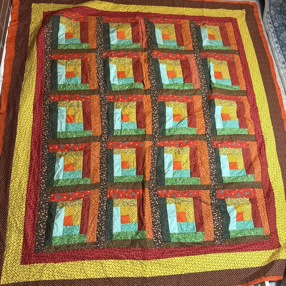 Vintage Quilt Log Cabin Pattern Hand Quilted Handmade Vintage 67” By 72”